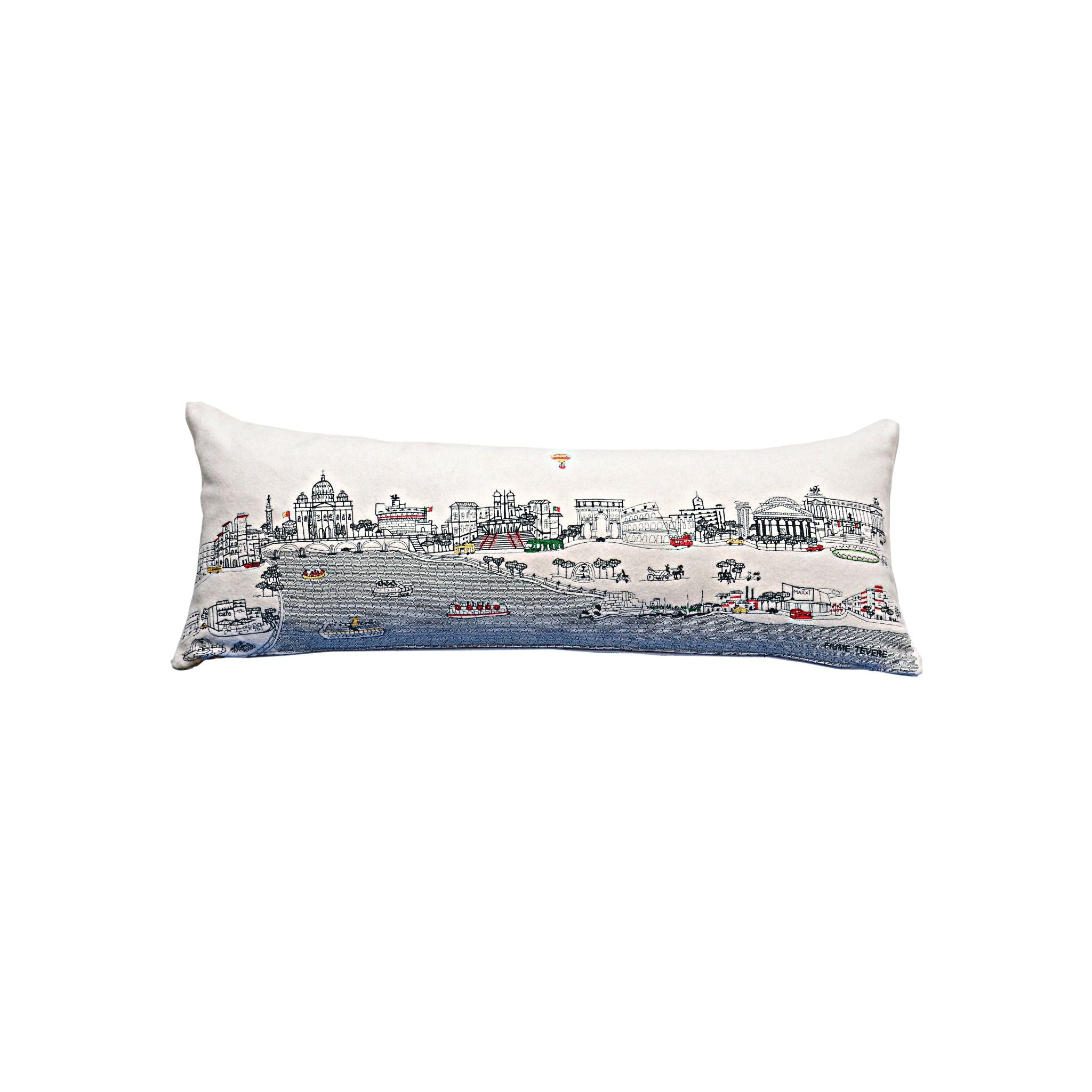 Rome Pillow featuring architectural designs inspired by Rome, Italy, with hints of gold and a red zipper.