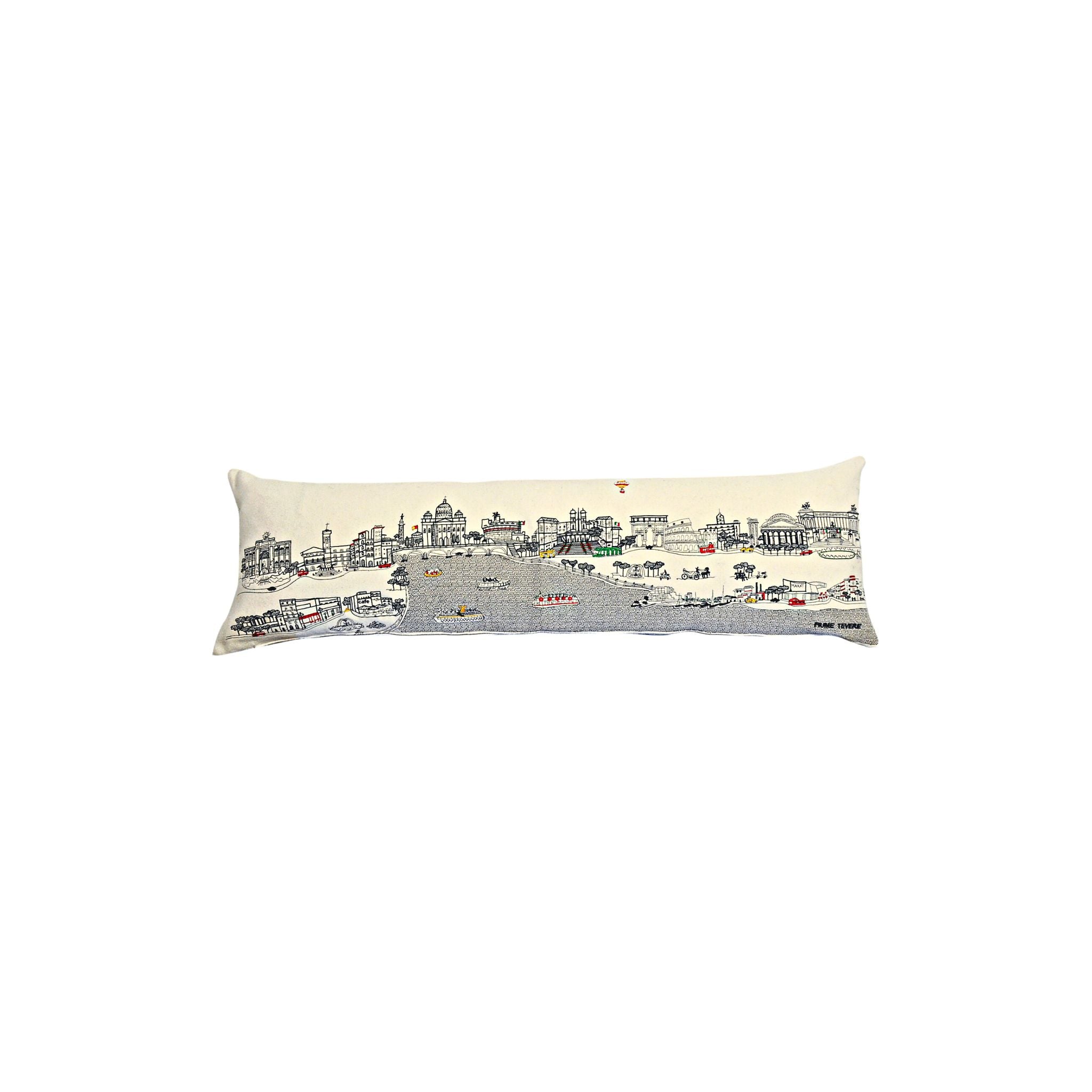 Rome Pillow featuring architectural designs inspired by Rome, Italy, with hints of gold and a red zipper.