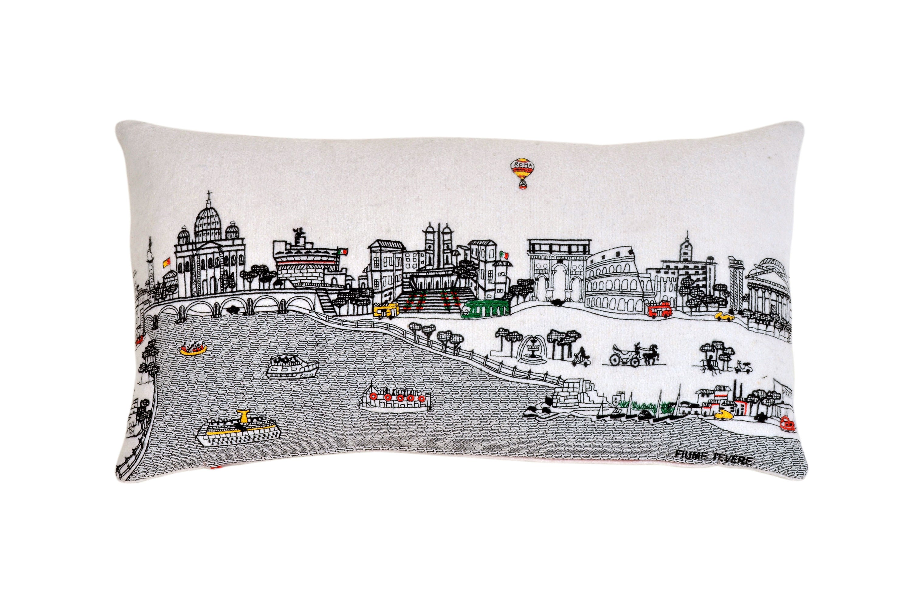 Rome Pillow featuring architectural designs inspired by Rome, Italy, with hints of gold and a red zipper.