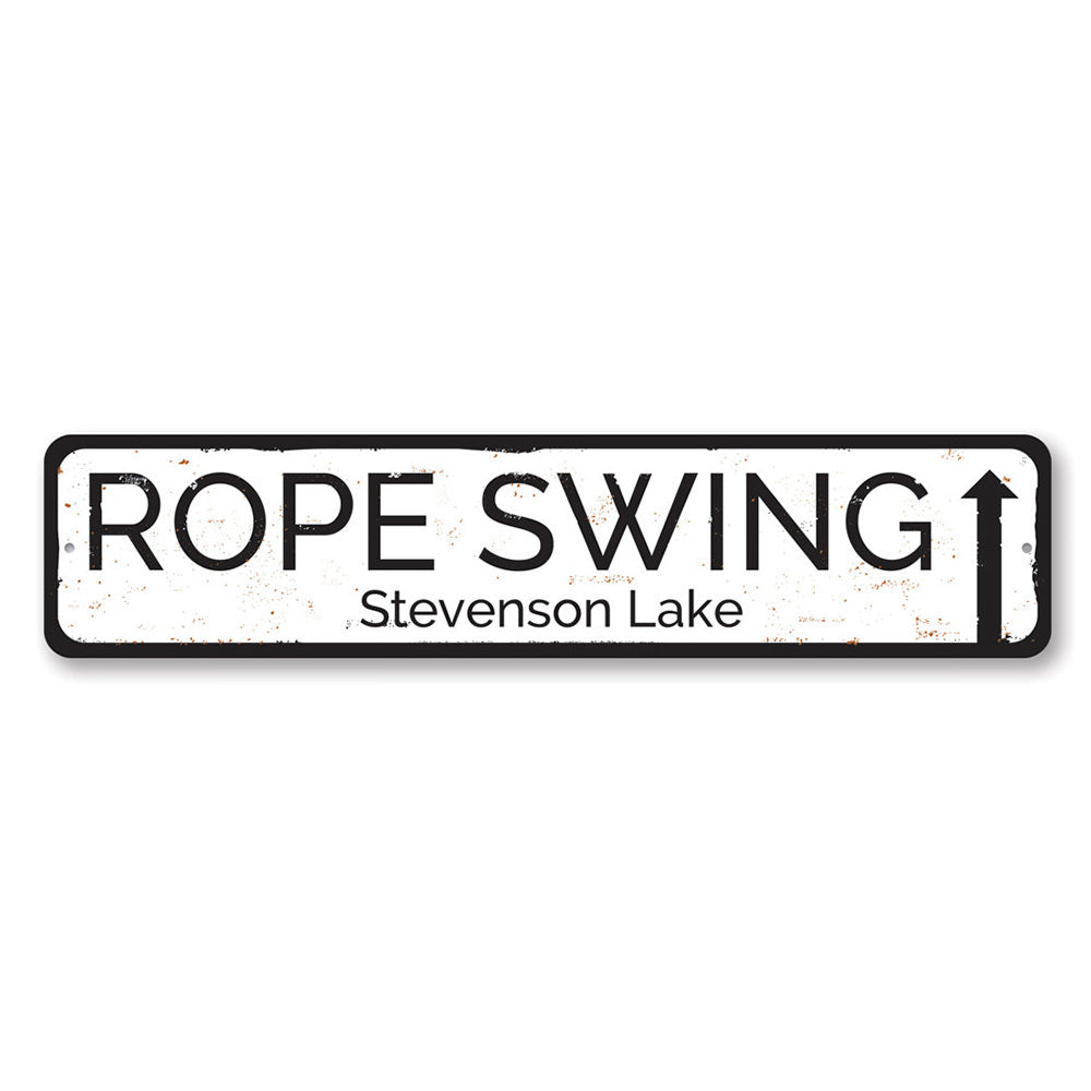 A decorative Rope Swing Sign made of durable aluminum, showcasing a rustic design perfect for lakehouse decor.