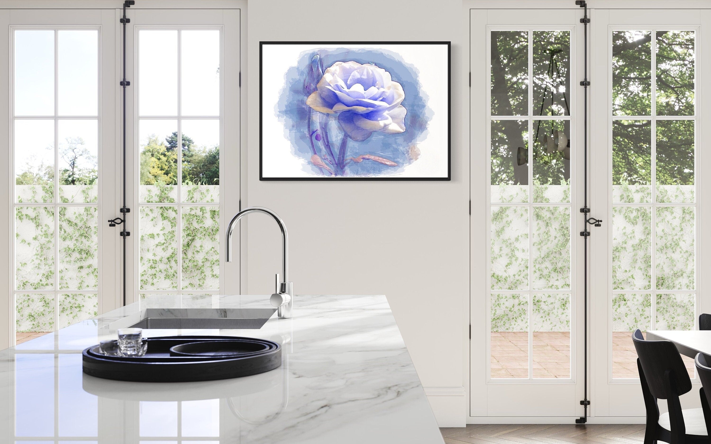 A beautiful watercolor print of a white rose on a serene blue background, showcasing delicate details and soft hues.