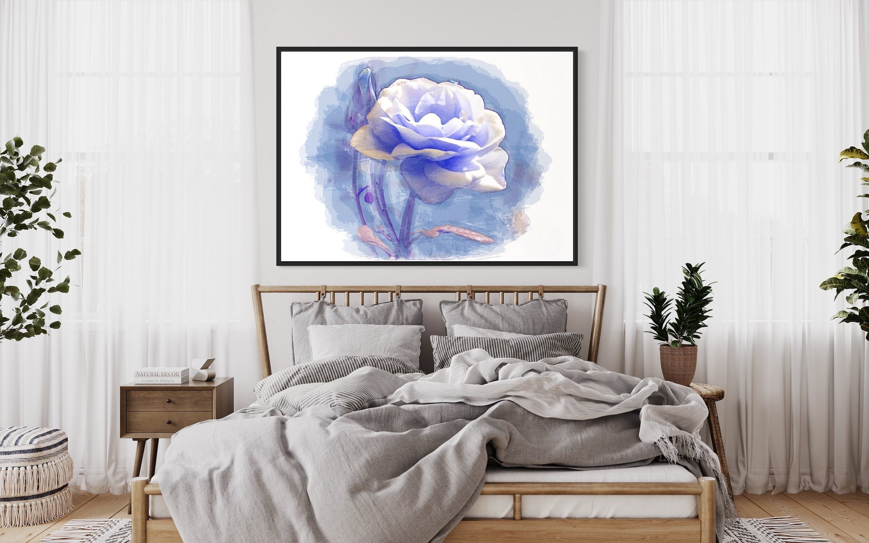 A beautiful watercolor print of a white rose on a serene blue background, showcasing delicate details and soft hues.