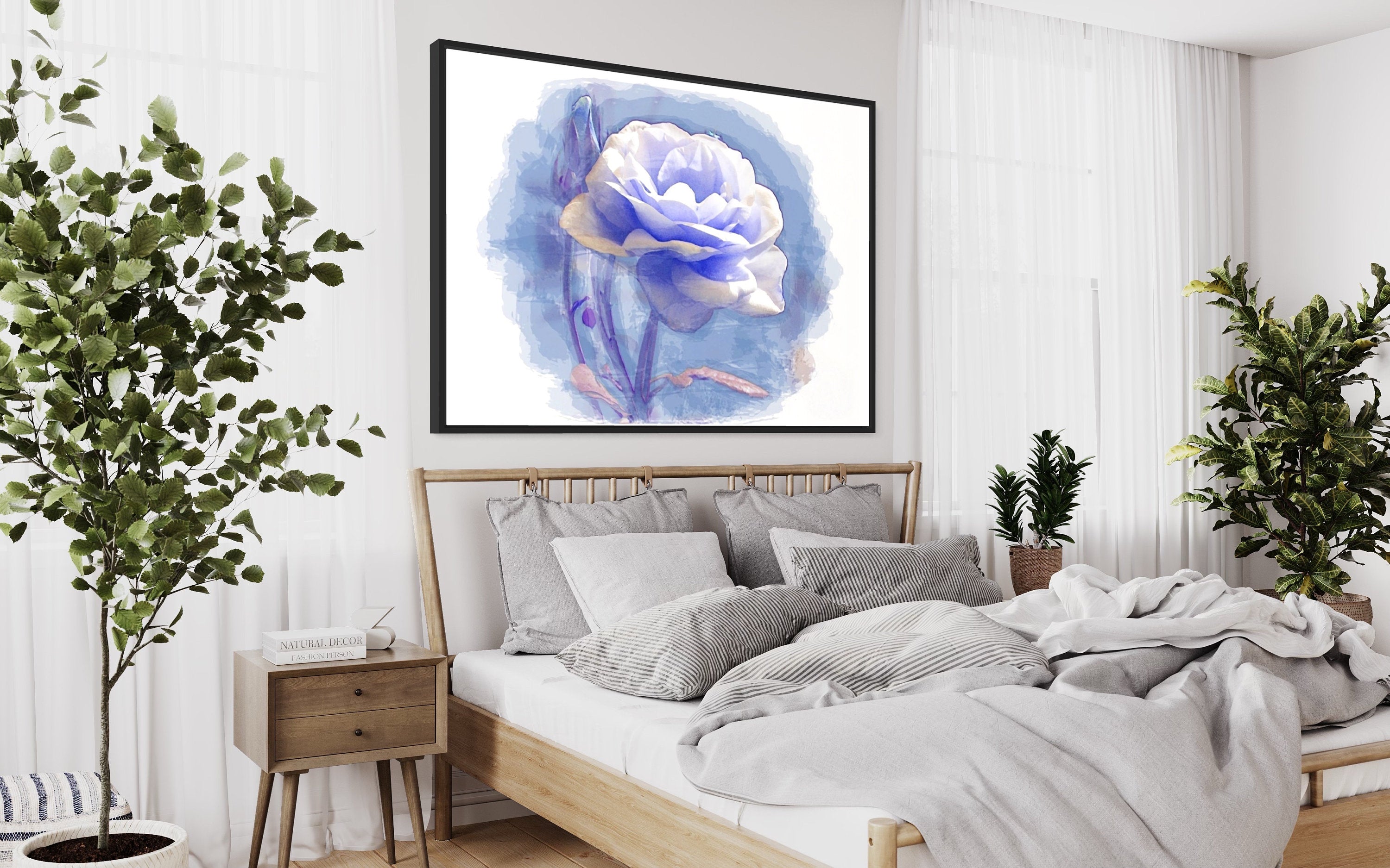 A beautiful watercolor print of a white rose on a serene blue background, showcasing delicate details and soft hues.