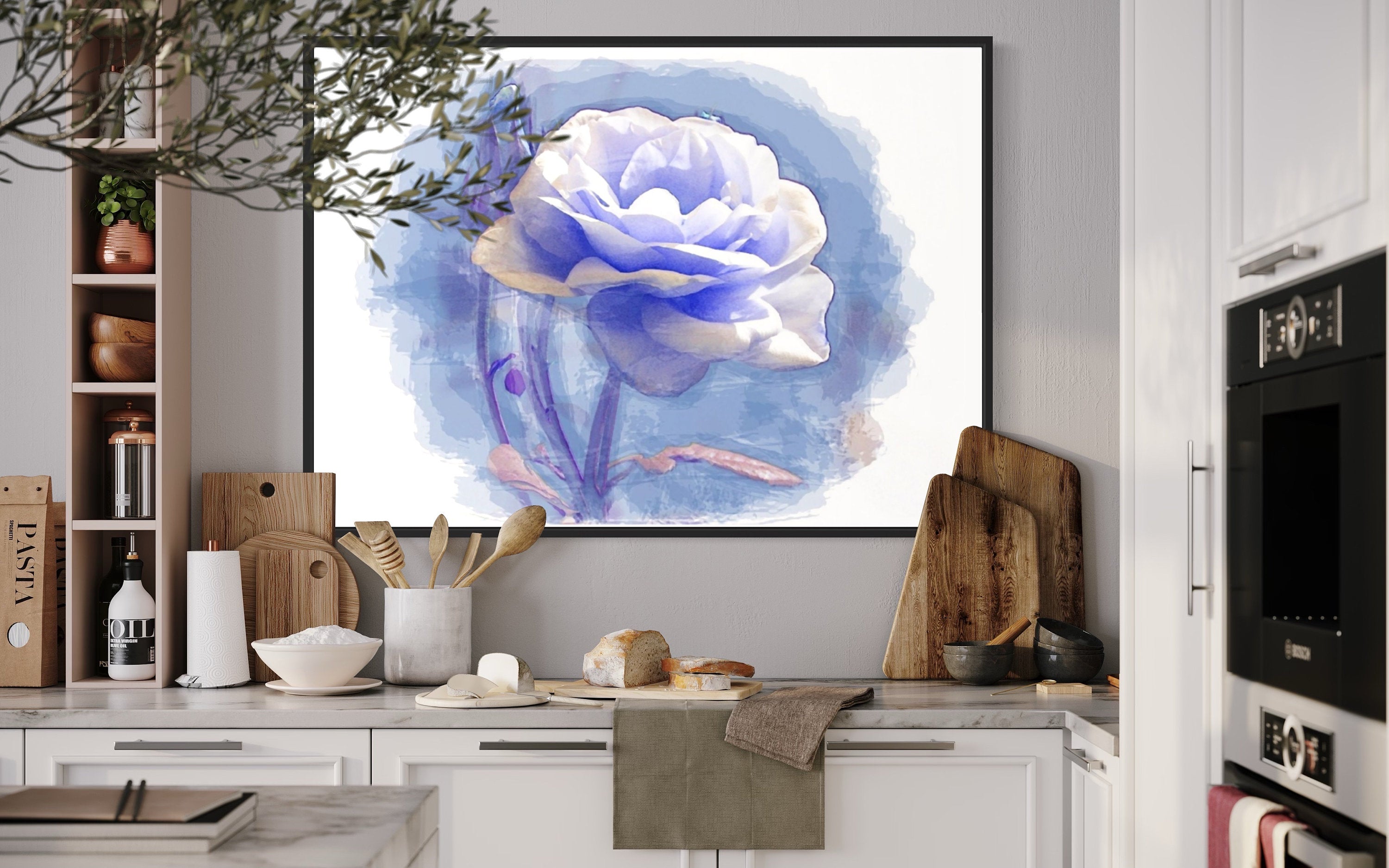 A beautiful watercolor print of a white rose on a serene blue background, showcasing delicate details and soft hues.