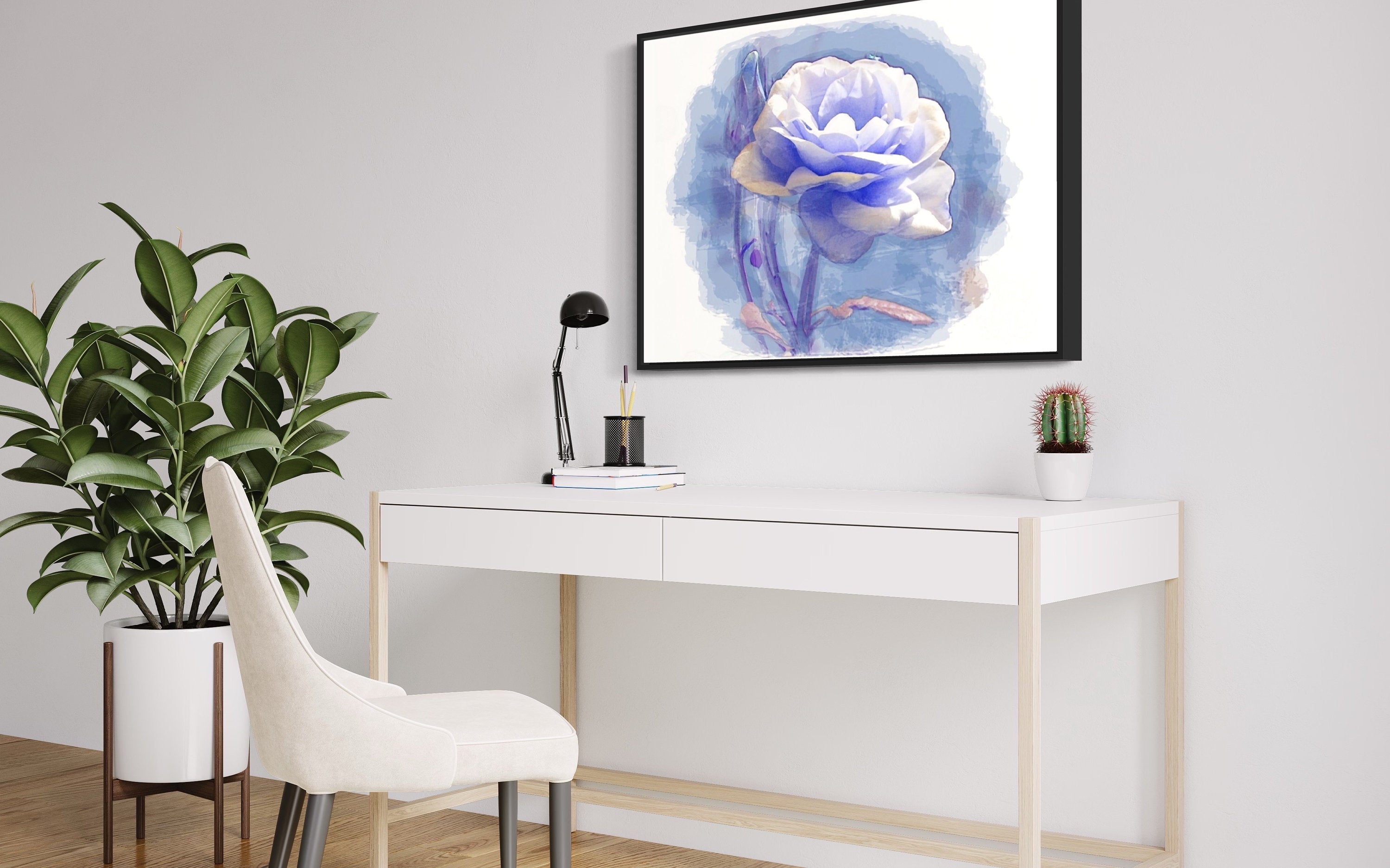 A beautiful watercolor print of a white rose on a serene blue background, showcasing delicate details and soft hues.