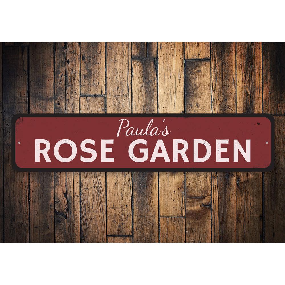 A beautifully crafted Rose Garden Sign made of high-quality aluminum, featuring customizable text and a vibrant design, perfect for home decor.