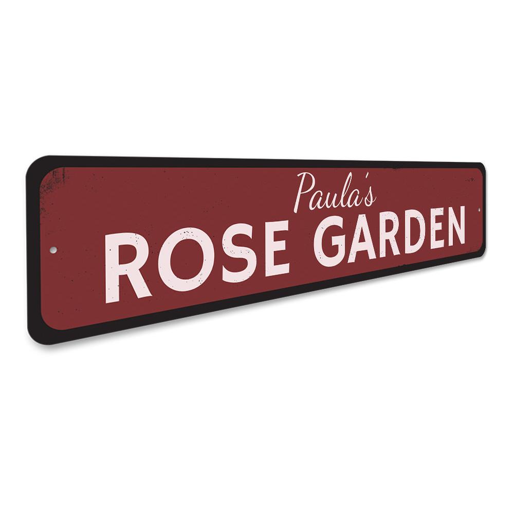 A beautifully crafted Rose Garden Sign made of high-quality aluminum, featuring customizable text and a vibrant design, perfect for home decor.