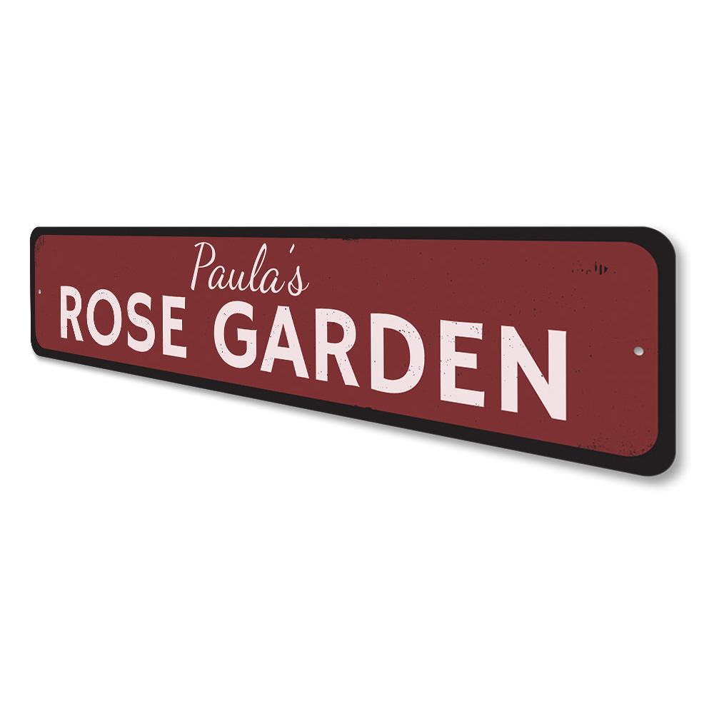 A beautifully crafted Rose Garden Sign made of high-quality aluminum, featuring customizable text and a vibrant design, perfect for home decor.