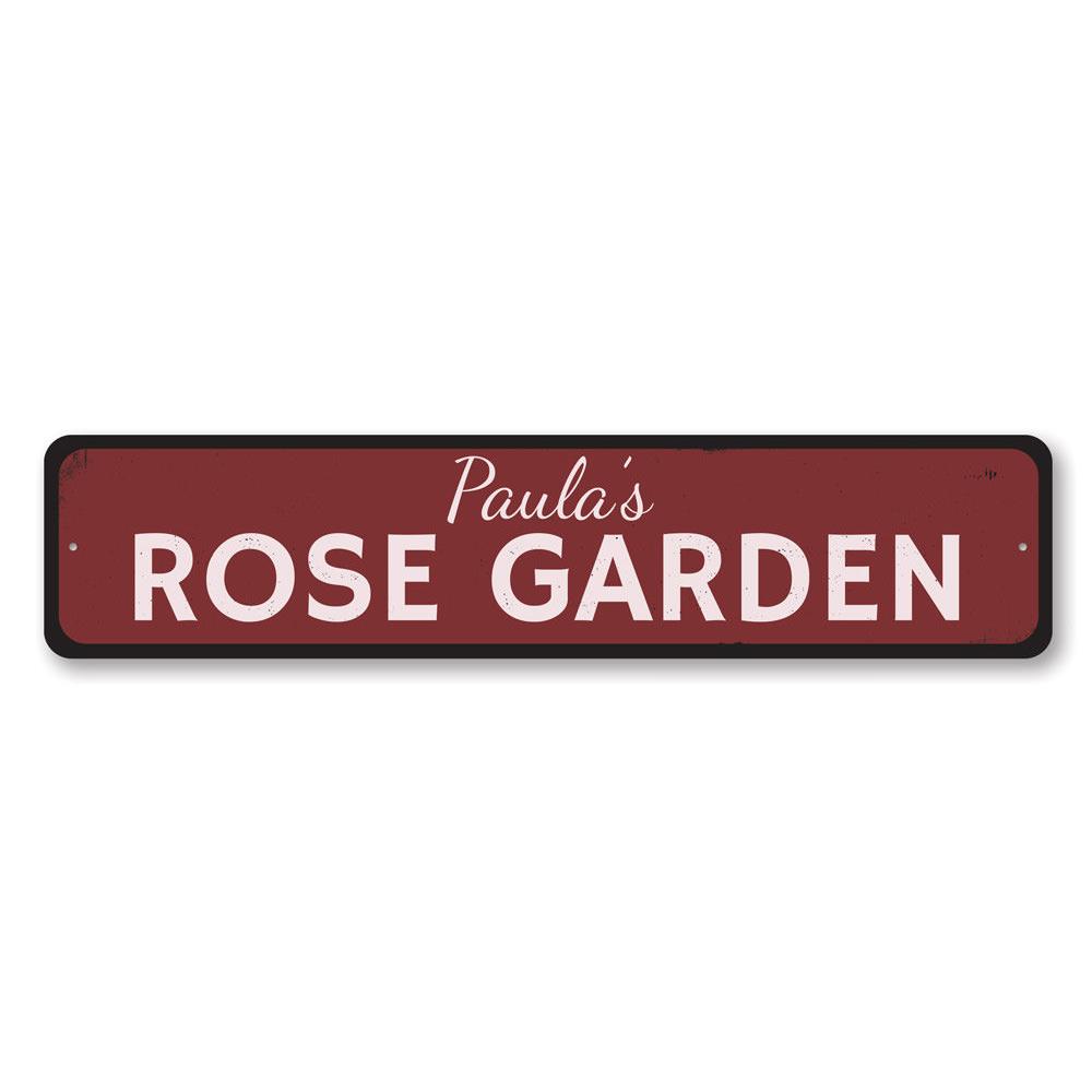 A beautifully crafted Rose Garden Sign made of high-quality aluminum, featuring customizable text and a vibrant design, perfect for home decor.