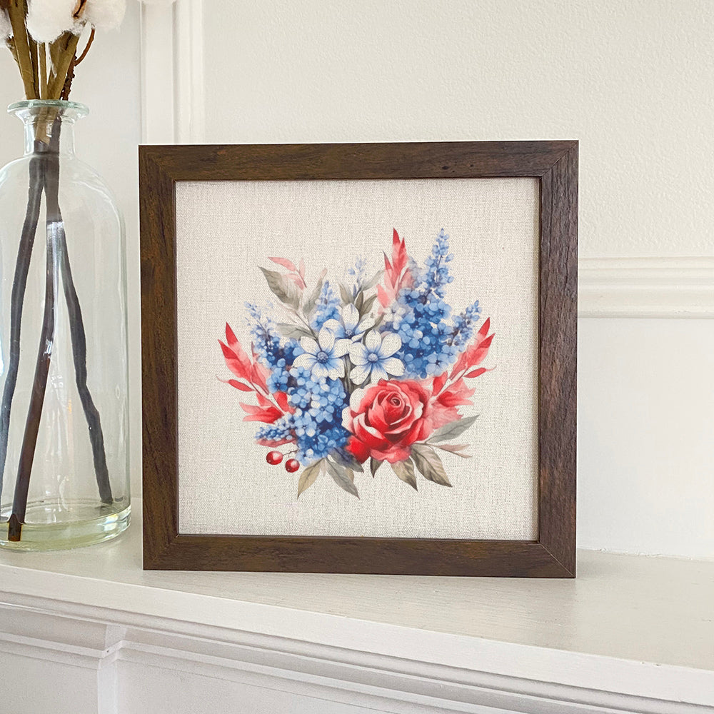 Rose Patriotic Bouquet framed sign with a wood frame, featuring eco-friendly inks on a linen-look background.