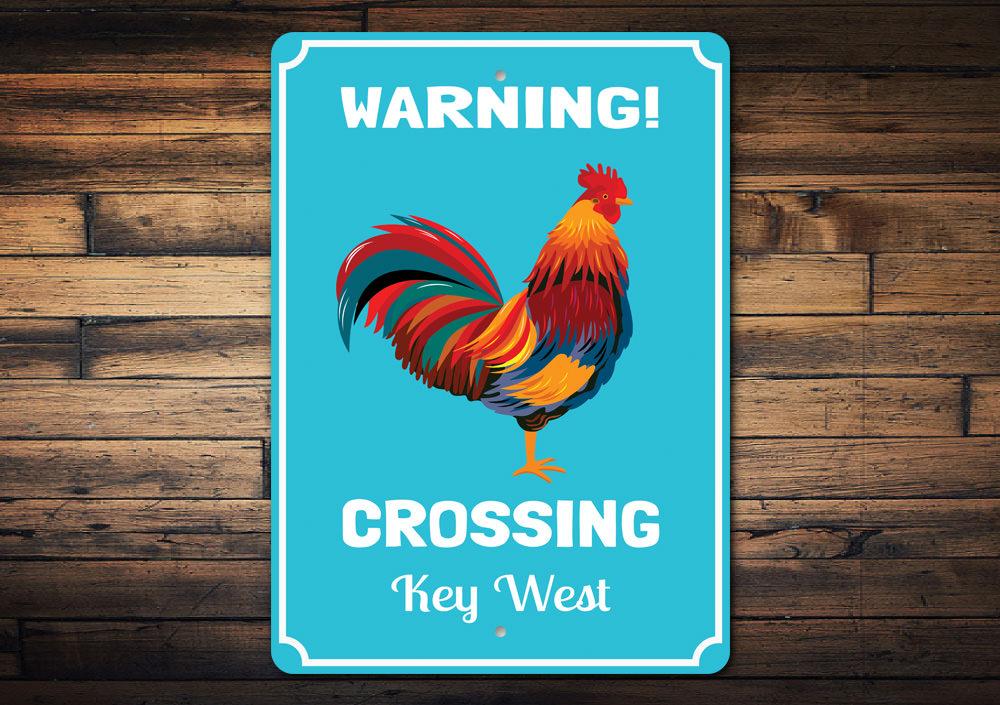 A decorative Rooster Crossing Sign made of high-quality aluminum, featuring a vibrant rooster design, perfect for home decor.