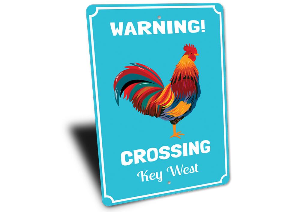 A decorative Rooster Crossing Sign made of high-quality aluminum, featuring a vibrant rooster design, perfect for home decor.