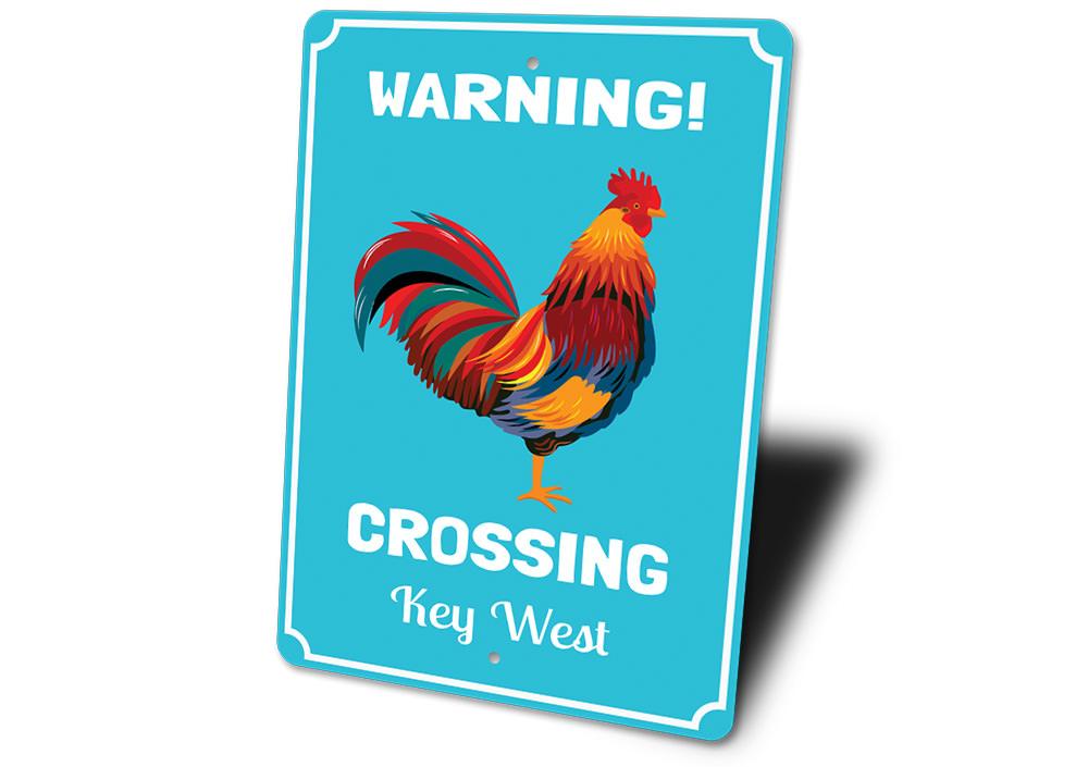 A decorative Rooster Crossing Sign made of high-quality aluminum, featuring a vibrant rooster design, perfect for home decor.