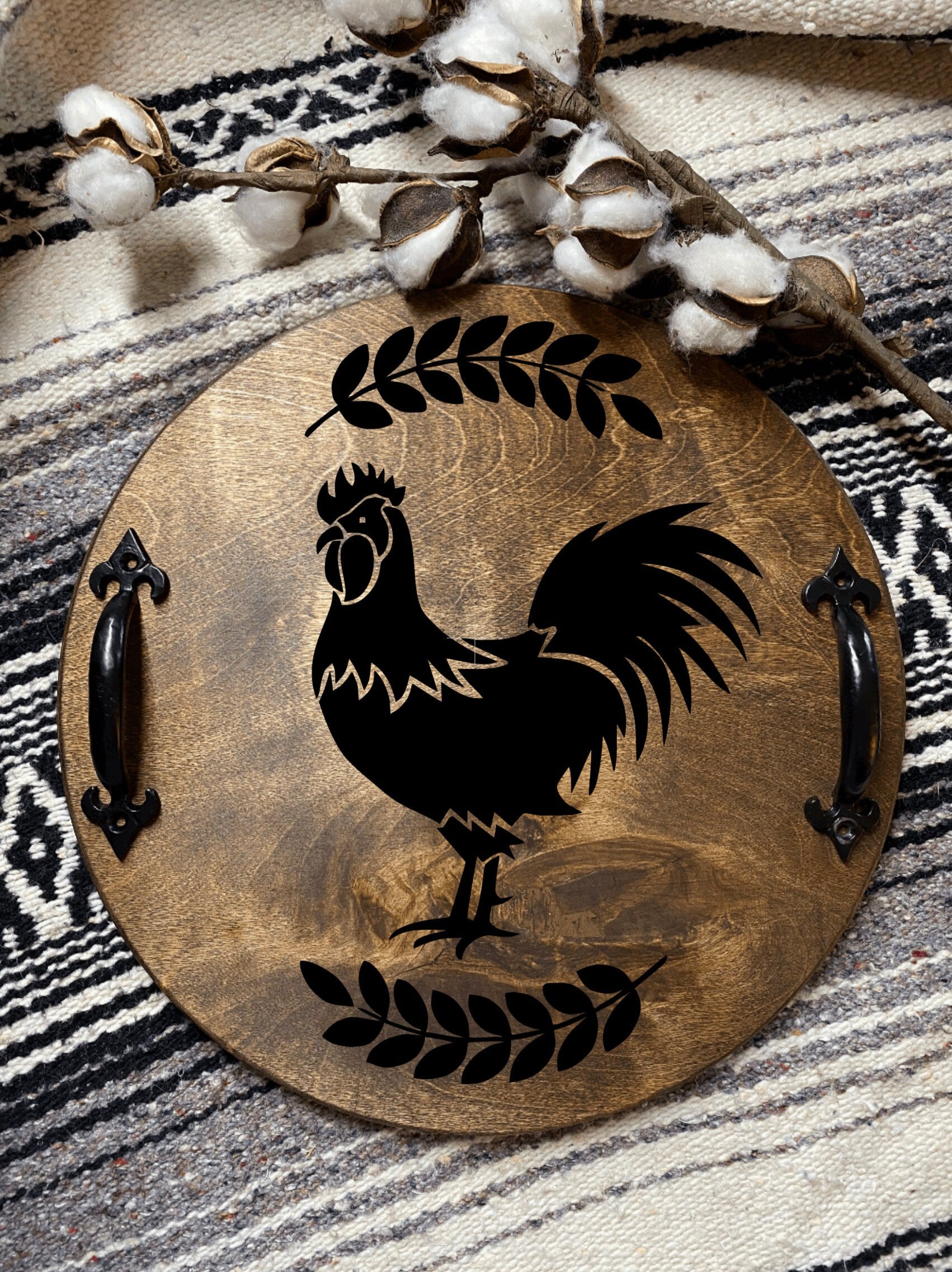 Handmade Rooster Kitchen Decor wood serving tray with dark chestnut stain and optional black metal handles, perfect for farmhouse decor.