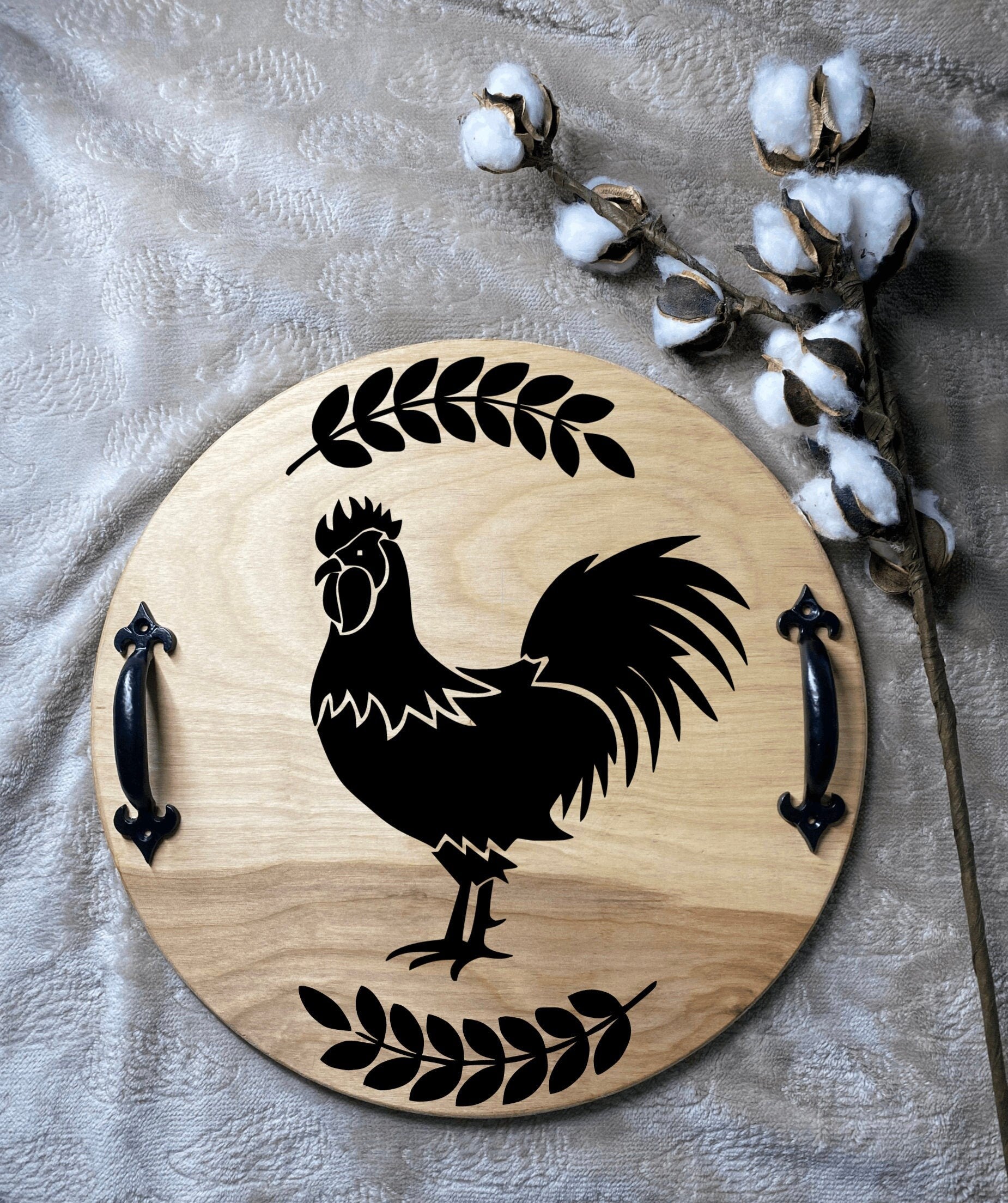 Handmade Rooster Kitchen Decor wood serving tray with dark chestnut stain and optional black metal handles, perfect for farmhouse decor.