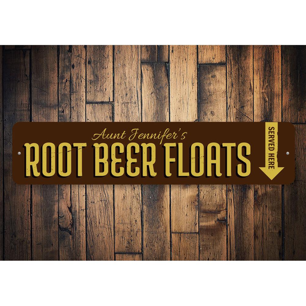 A decorative aluminum sign featuring a Root Beer Floats design, perfect for cafes and restaurants, showcasing vibrant colors and a charming aesthetic.