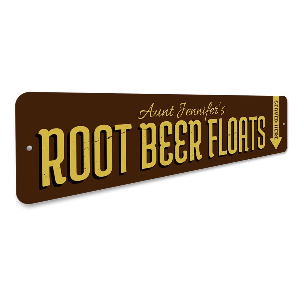 A decorative aluminum sign featuring a Root Beer Floats design, perfect for cafes and restaurants, showcasing vibrant colors and a charming aesthetic.