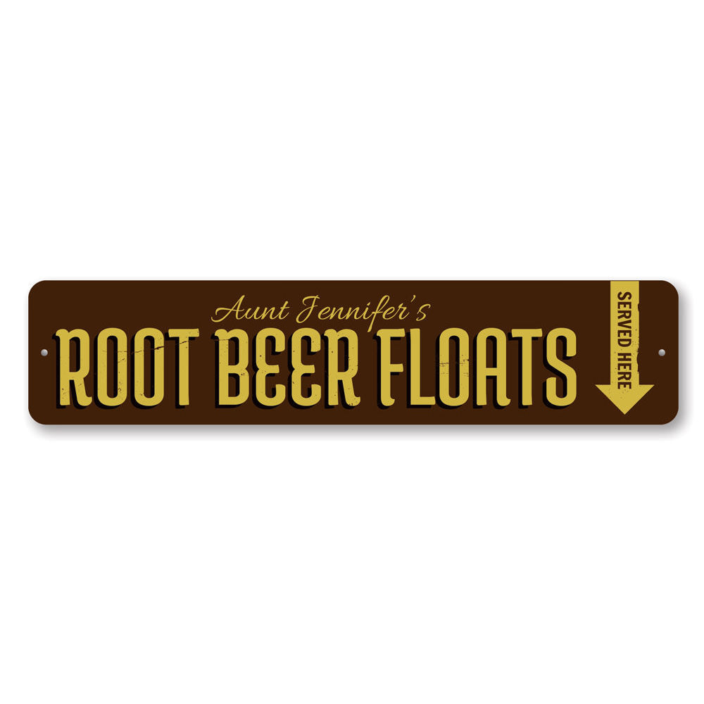 A decorative aluminum sign featuring a Root Beer Floats design, perfect for cafes and restaurants, showcasing vibrant colors and a charming aesthetic.