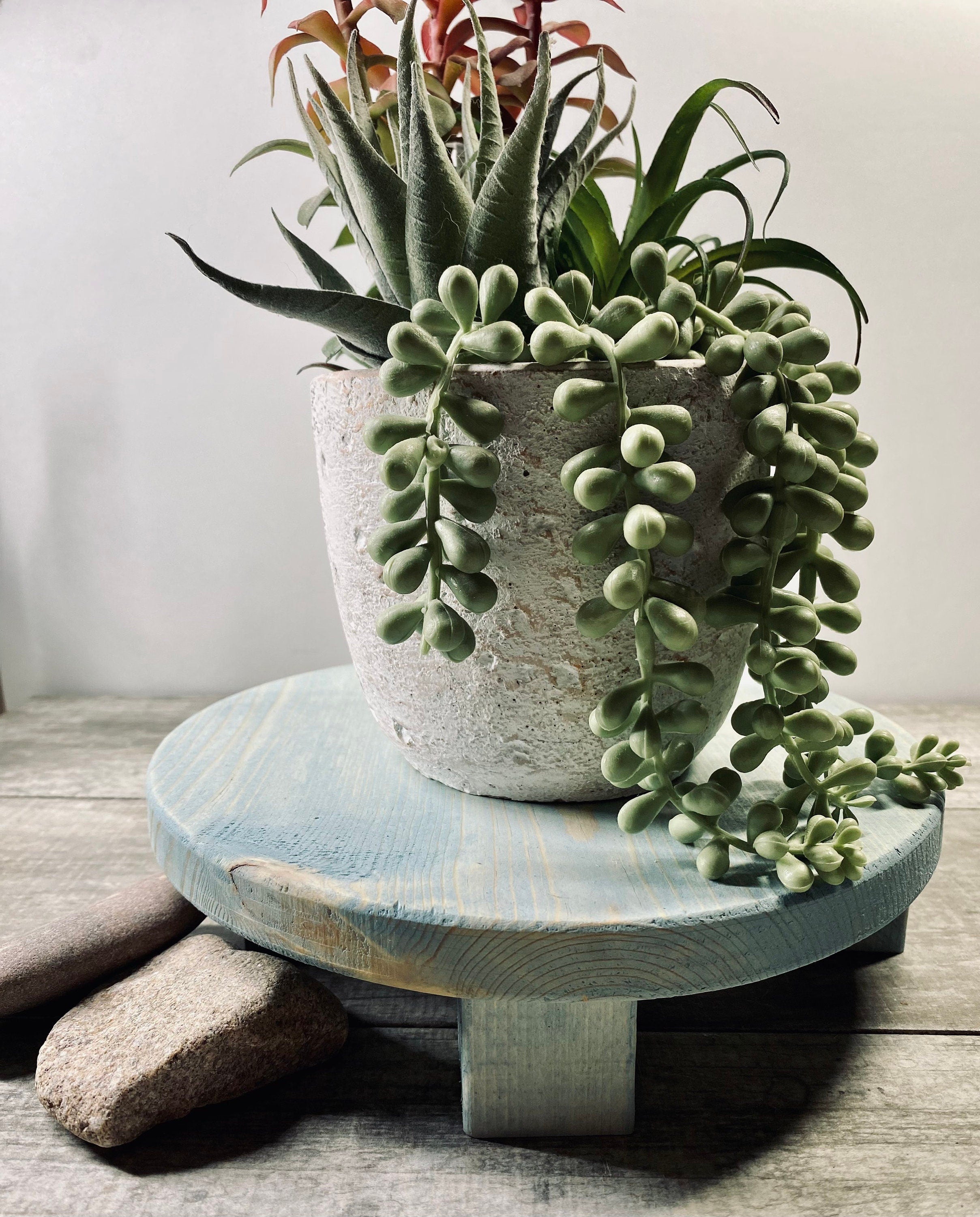 Handmade Round Farmhouse Riser in Vintage Blue, made of solid pine wood, ideal for displaying soaps, candles, and plants.