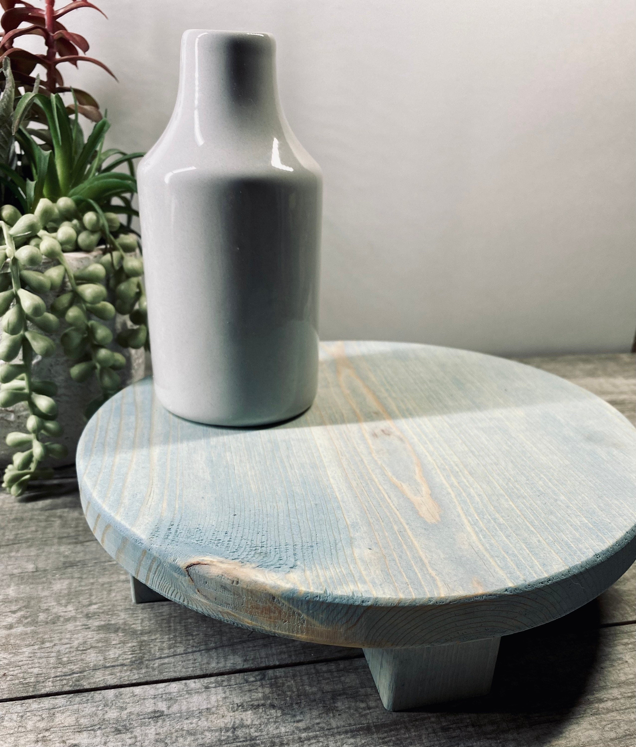 Handmade Round Farmhouse Riser in Vintage Blue, made of solid pine wood, ideal for displaying soaps, candles, and plants.