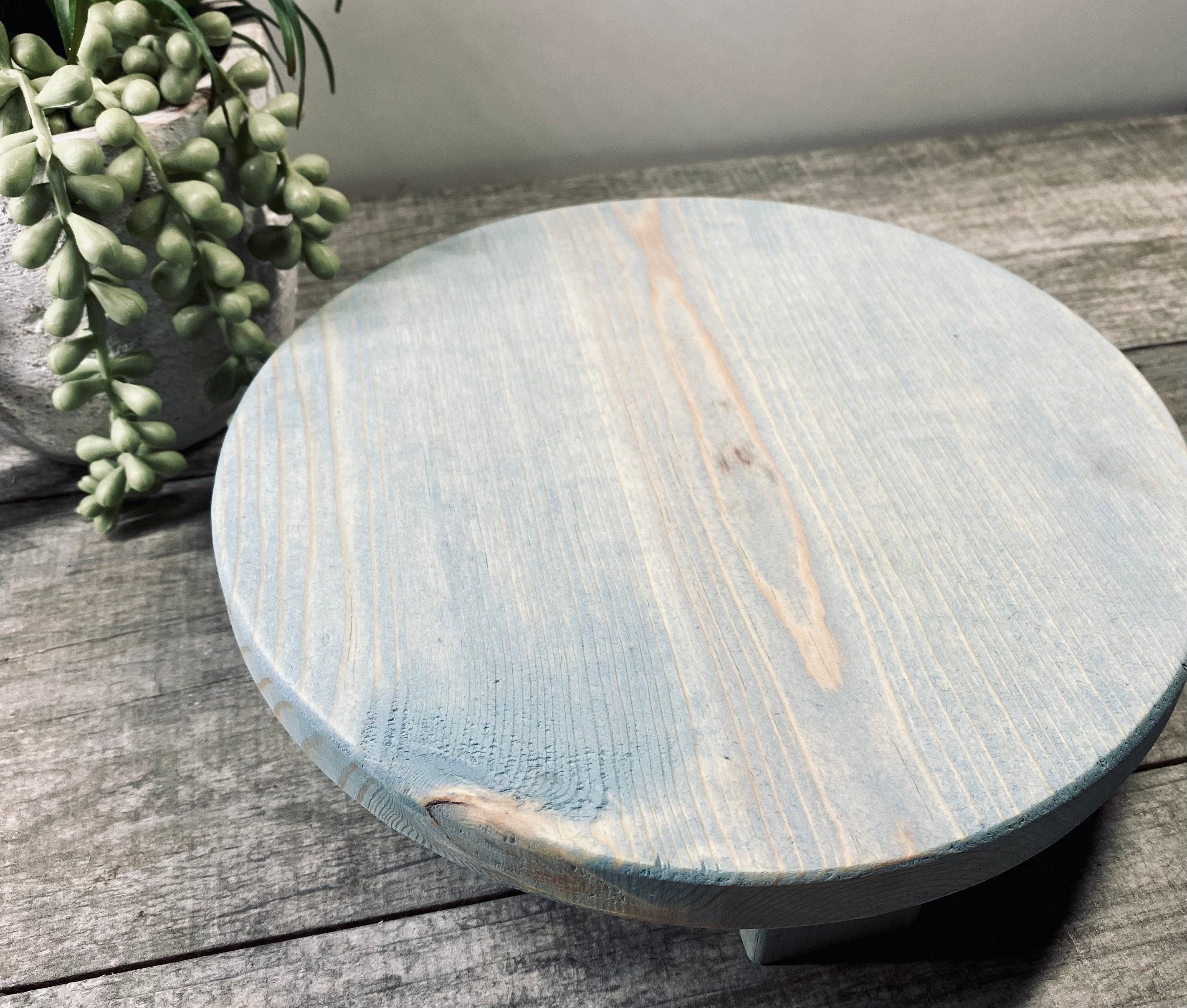 Handmade Round Farmhouse Riser in Vintage Blue, made of solid pine wood, ideal for displaying soaps, candles, and plants.