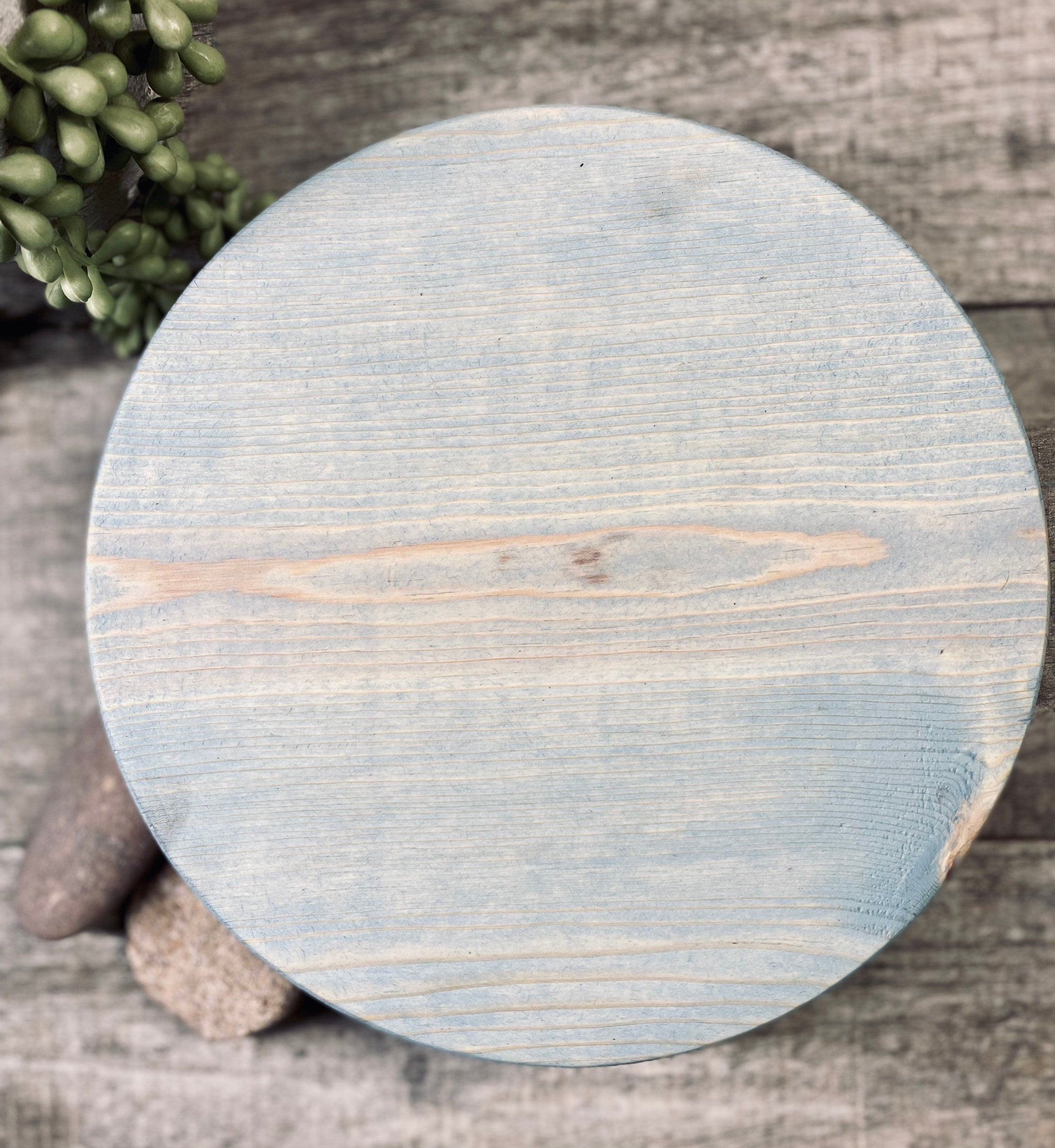 Handmade Round Farmhouse Riser in Vintage Blue, made of solid pine wood, ideal for displaying soaps, candles, and plants.