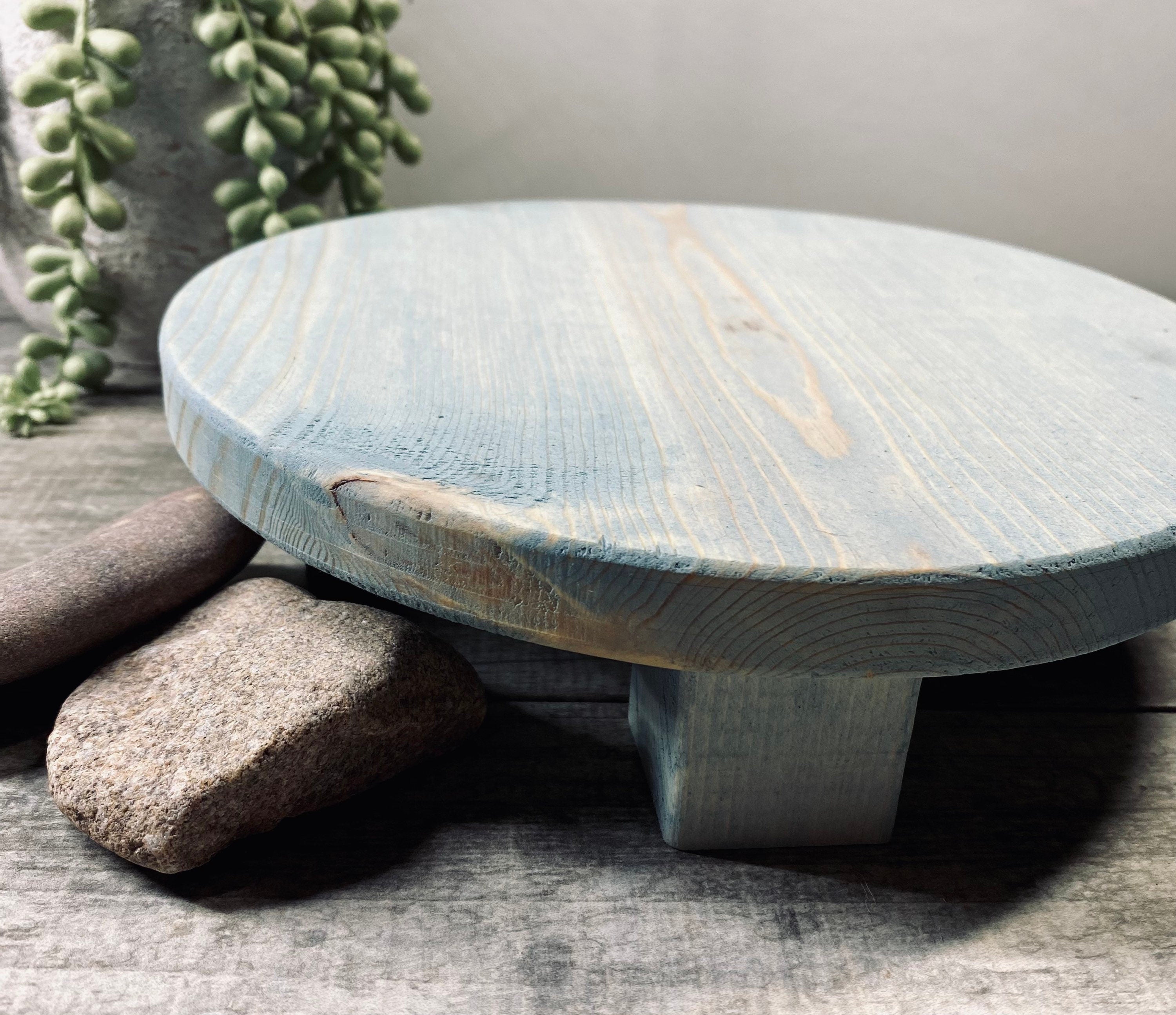 Handmade Round Farmhouse Riser in Vintage Blue, made of solid pine wood, ideal for displaying soaps, candles, and plants.