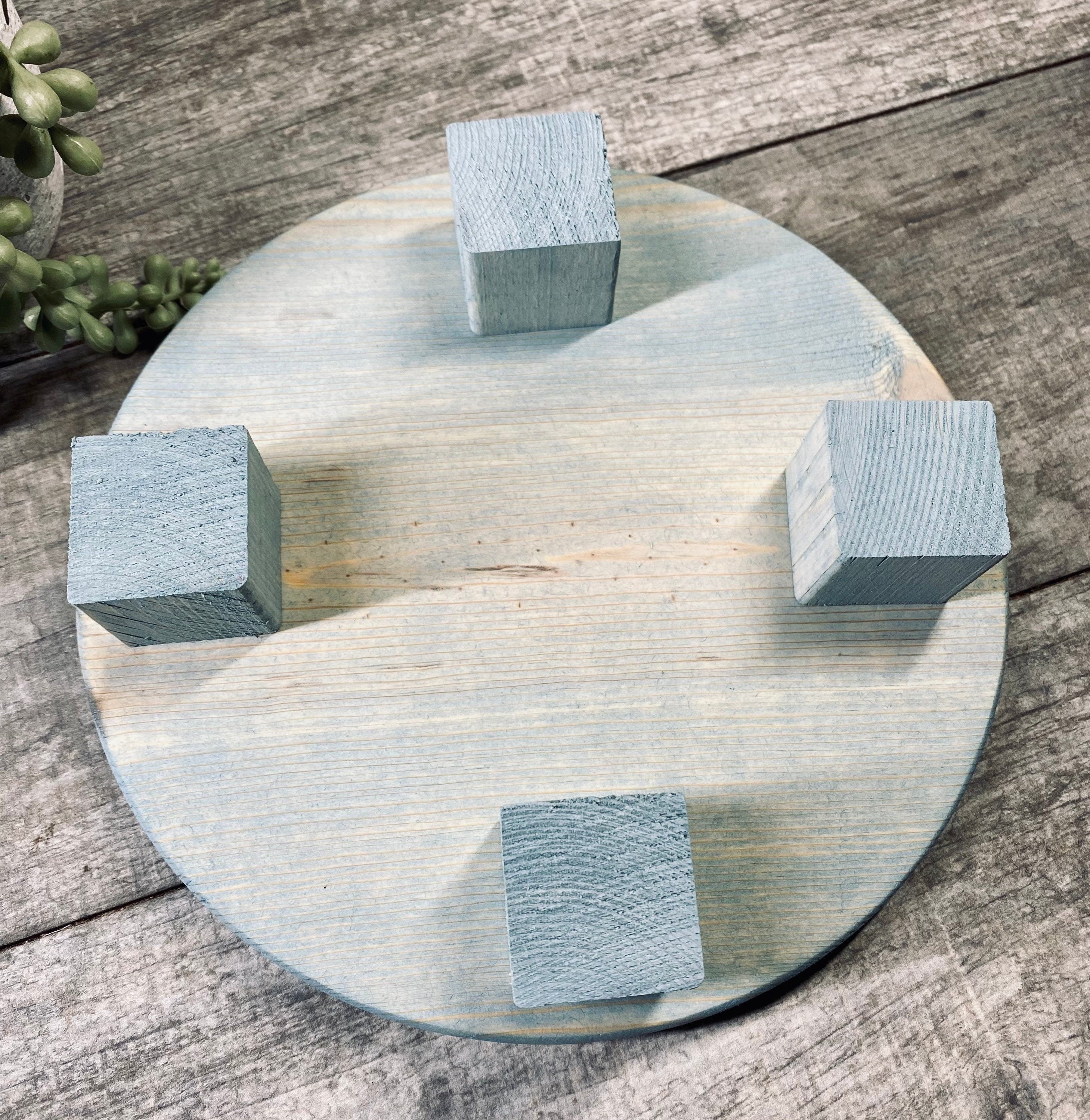 Handmade Round Farmhouse Riser in Vintage Blue, made of solid pine wood, ideal for displaying soaps, candles, and plants.