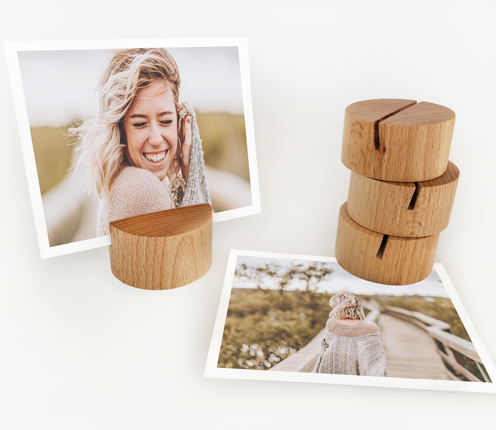 A handcrafted Round Wood Card Holder made from eco-friendly wood, displaying a small photo and showcasing its natural finish.