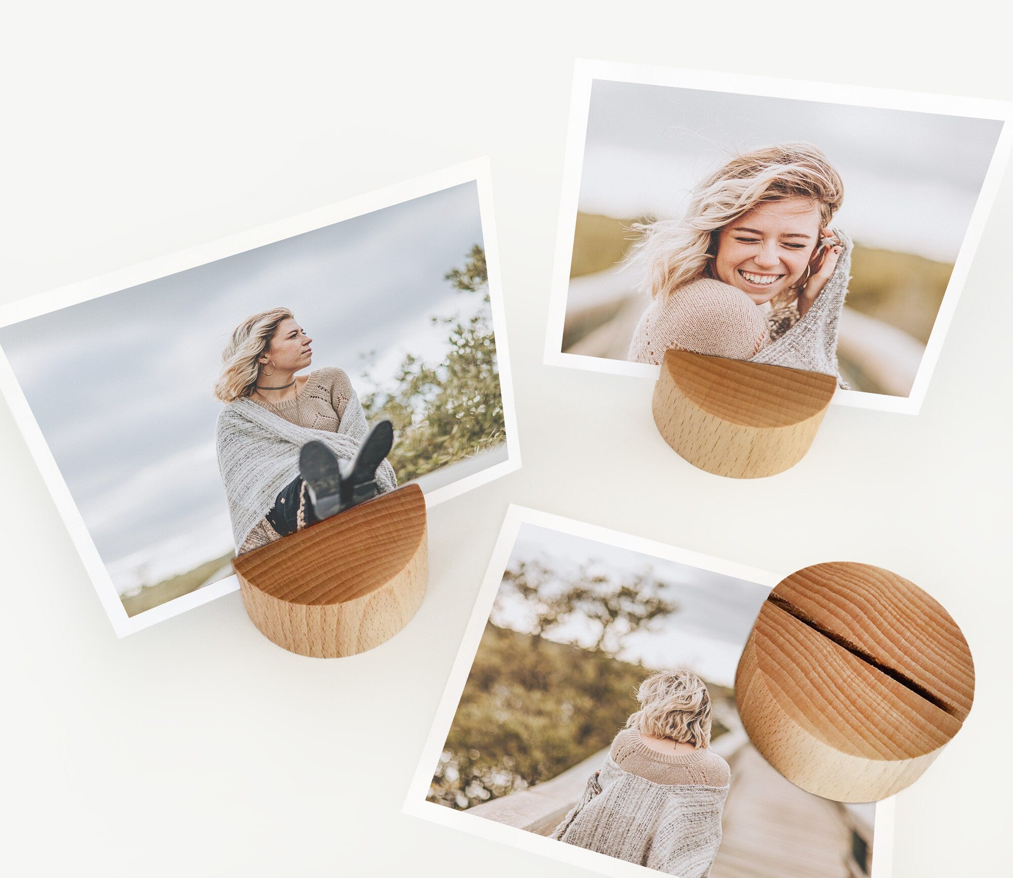 A handcrafted Round Wood Card Holder made from eco-friendly wood, displaying a small photo and showcasing its natural finish.