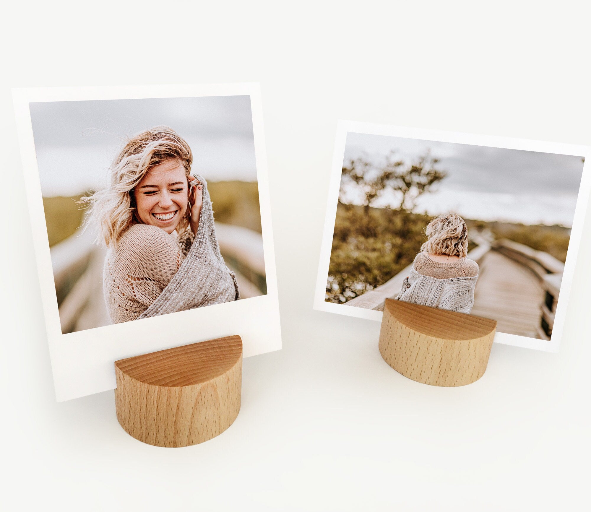 A handcrafted Round Wood Card Holder made from eco-friendly wood, displaying a small photo and showcasing its natural finish.