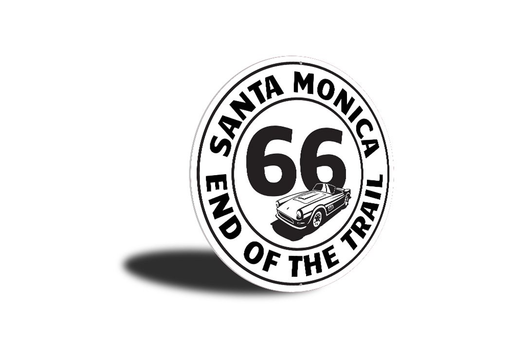 Route 66 End of the Trail Santa Monica Sign made from high-quality aluminum, featuring iconic design elements and customizable text options.