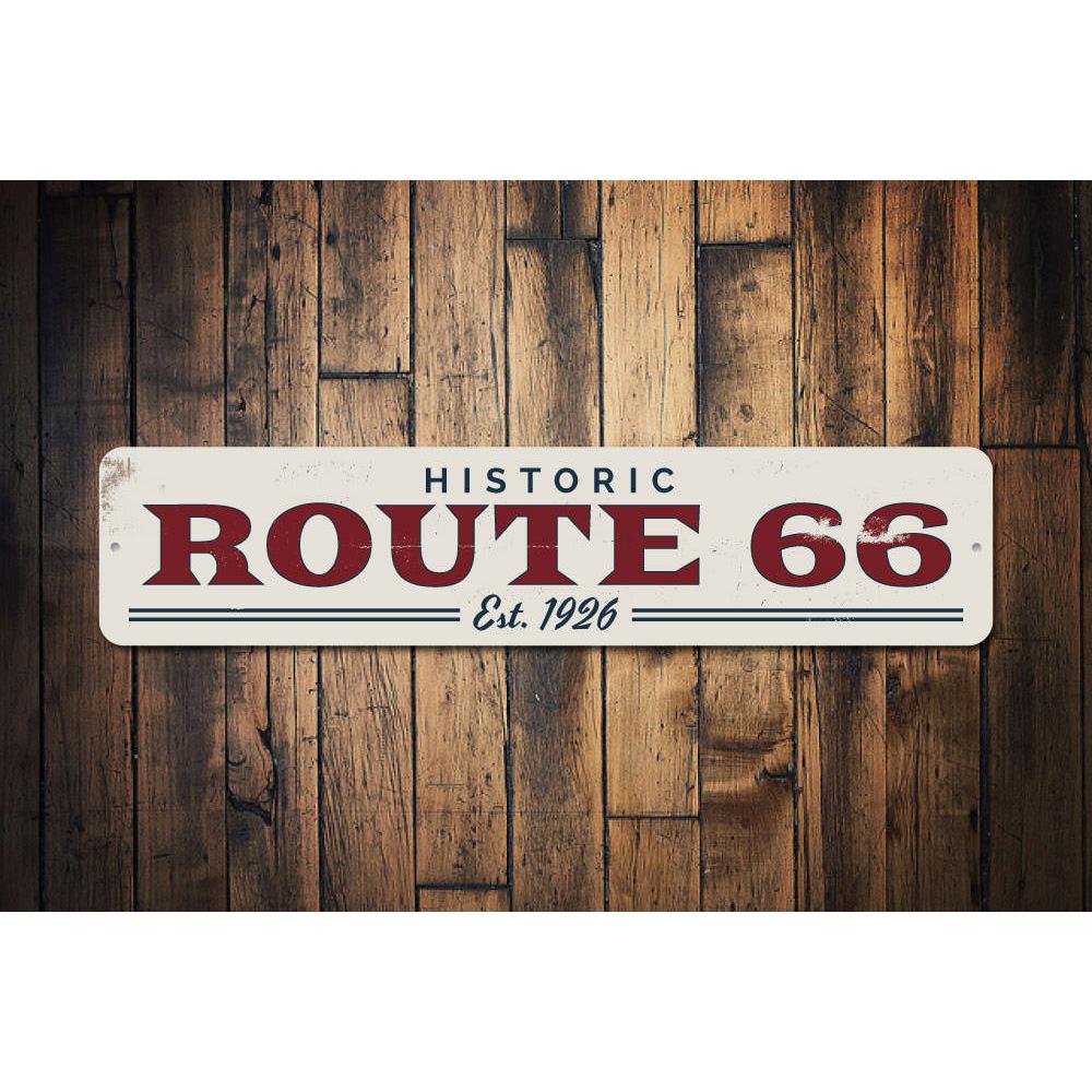 Route 66 Est Date Sign made of high-quality aluminum, featuring customizable text and pre-drilled holes for easy mounting.