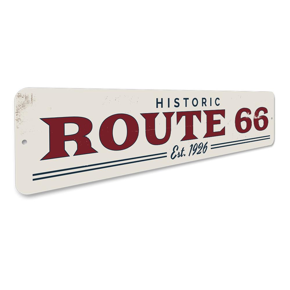 Route 66 Est Date Sign made of high-quality aluminum, featuring customizable text and pre-drilled holes for easy mounting.