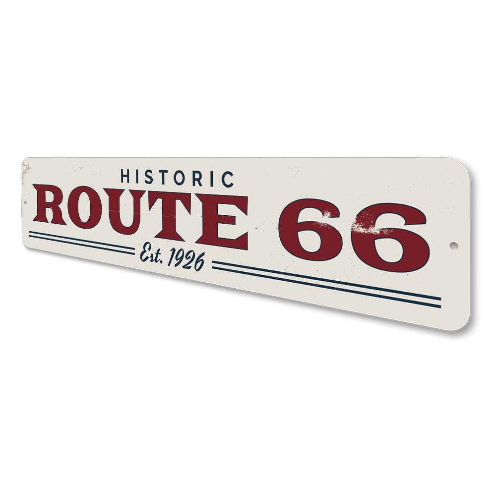 Route 66 Est Date Sign made of high-quality aluminum, featuring customizable text and pre-drilled holes for easy mounting.