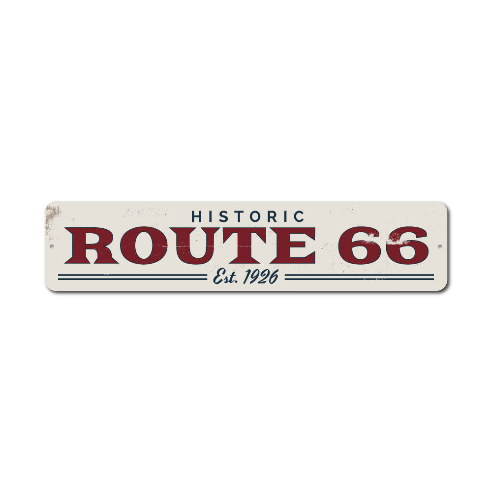 Route 66 Est Date Sign made of high-quality aluminum, featuring customizable text and pre-drilled holes for easy mounting.