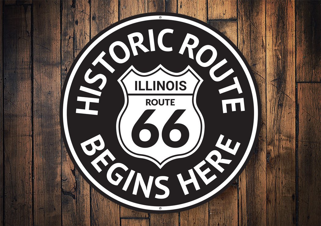 Route 66 Historic Route Begins Here Sign made of high-quality aluminum, featuring vibrant colors and a classic design, perfect for home decor.