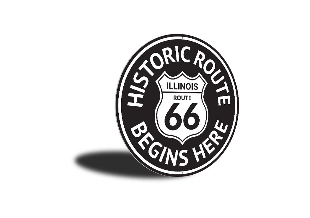 Route 66 Historic Route Begins Here Sign made of high-quality aluminum, featuring vibrant colors and a classic design, perfect for home decor.