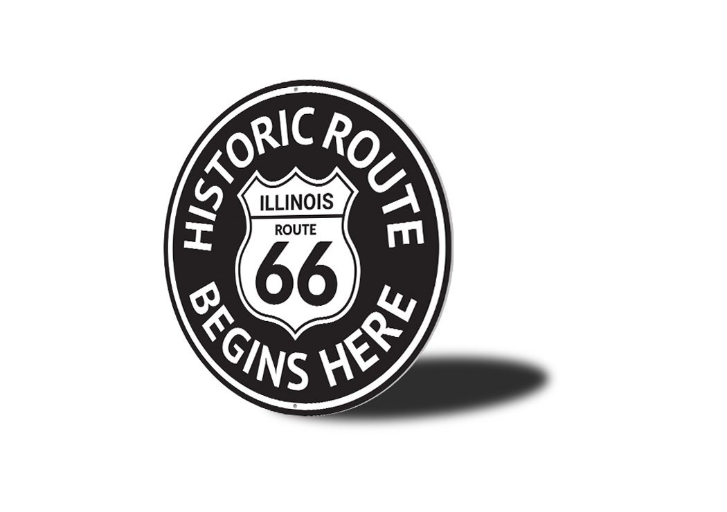 Route 66 Historic Route Begins Here Sign made of high-quality aluminum, featuring vibrant colors and a classic design, perfect for home decor.