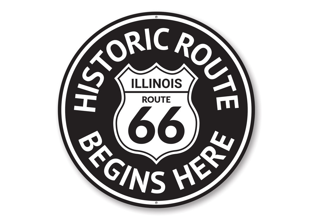 Route 66 Historic Route Begins Here Sign made of high-quality aluminum, featuring vibrant colors and a classic design, perfect for home decor.