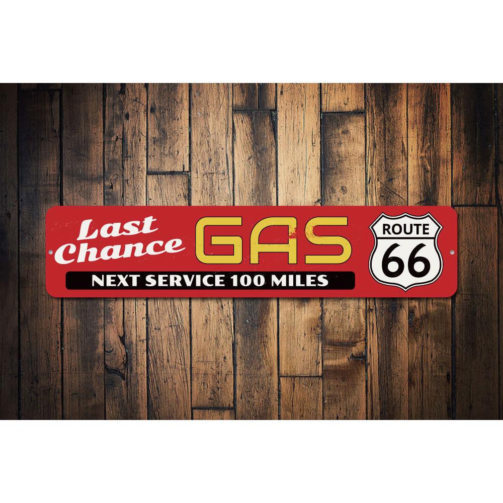 Route 66 Last Chance Gas Sign made of durable aluminum, featuring vintage design perfect for home decor.