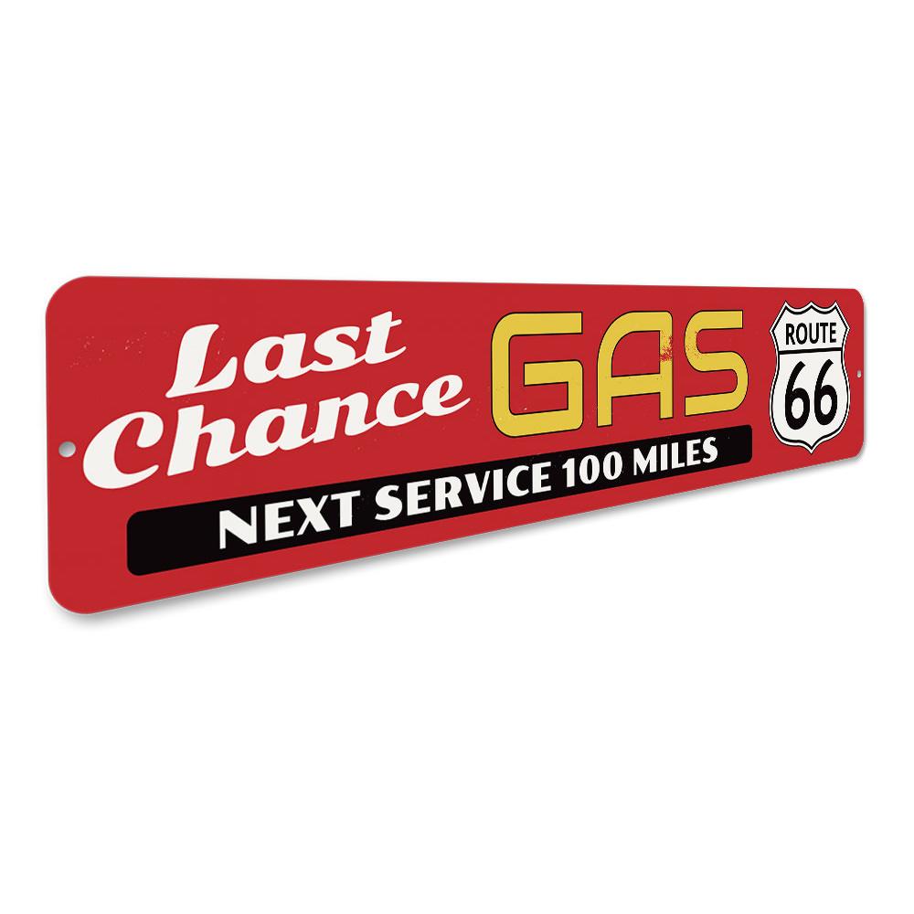 Route 66 Last Chance Gas Sign made of durable aluminum, featuring vintage design perfect for home decor.