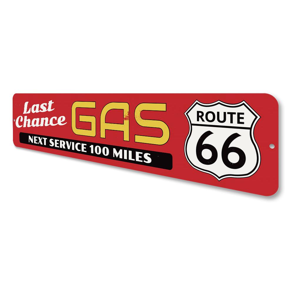 Route 66 Last Chance Gas Sign made of durable aluminum, featuring vintage design perfect for home decor.