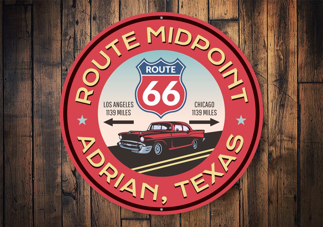 Route 66 Midpoint Novelty Sign made of aluminum, featuring vibrant colors and a nostalgic design, perfect for home decor.