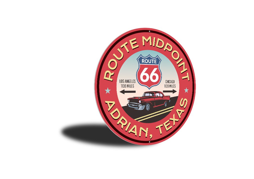 Route 66 Midpoint Novelty Sign made of aluminum, featuring vibrant colors and a nostalgic design, perfect for home decor.