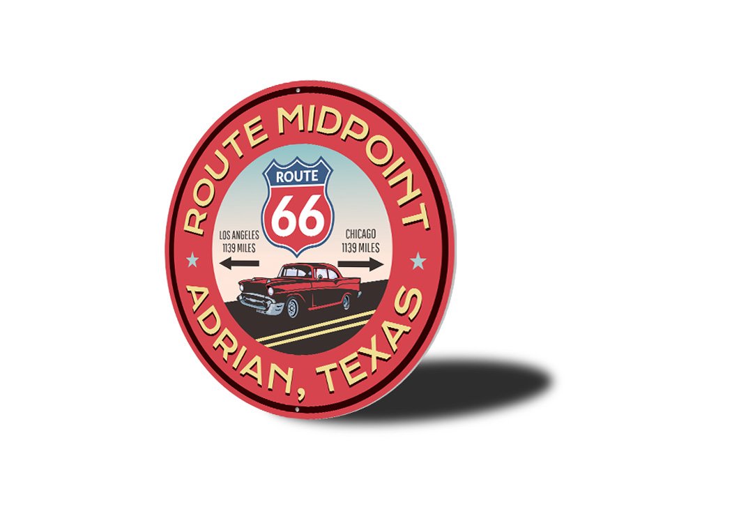 Route 66 Midpoint Novelty Sign made of aluminum, featuring vibrant colors and a nostalgic design, perfect for home decor.