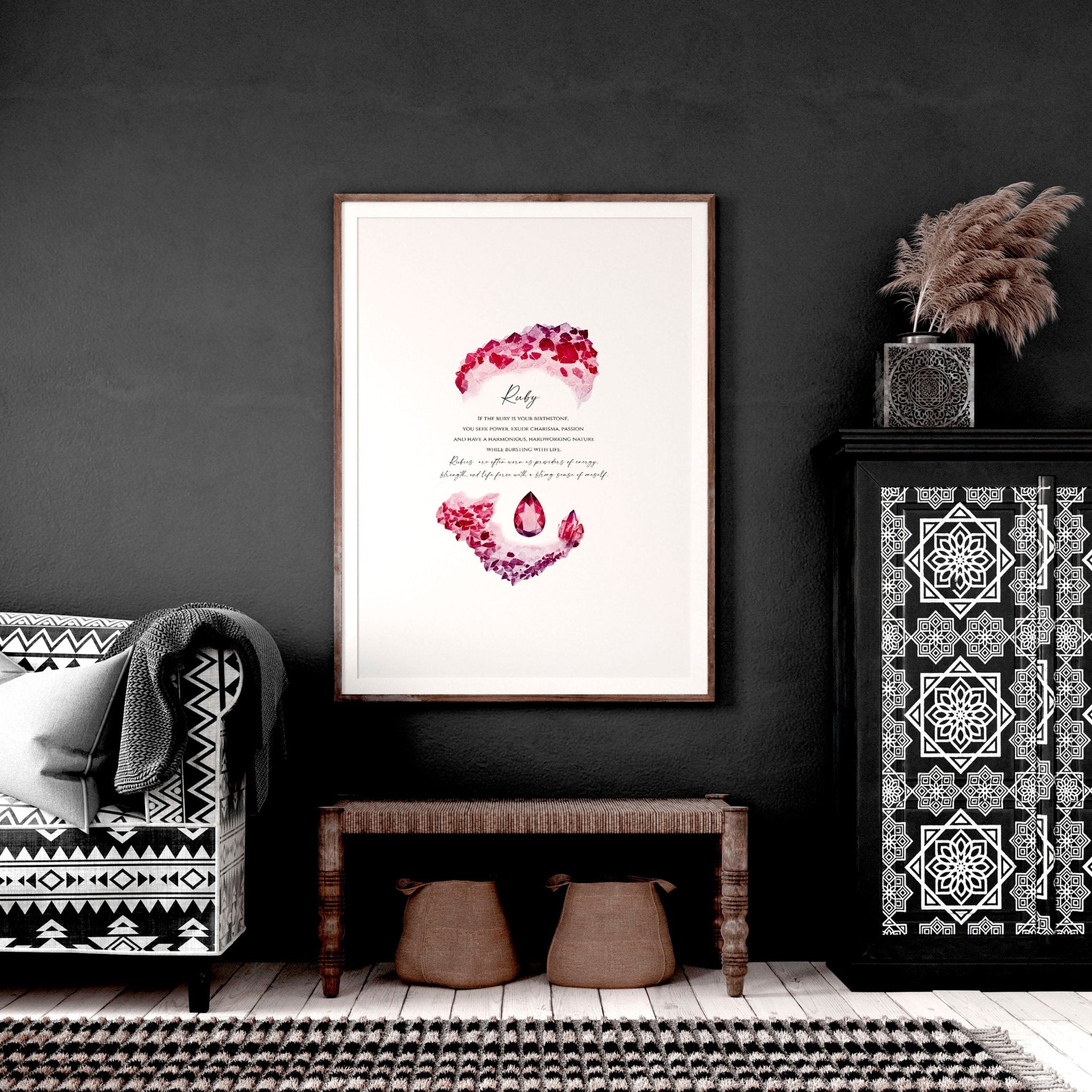 Framed wall art print featuring a vibrant ruby birthstone design, showcasing deep red hues and sparkling facets.