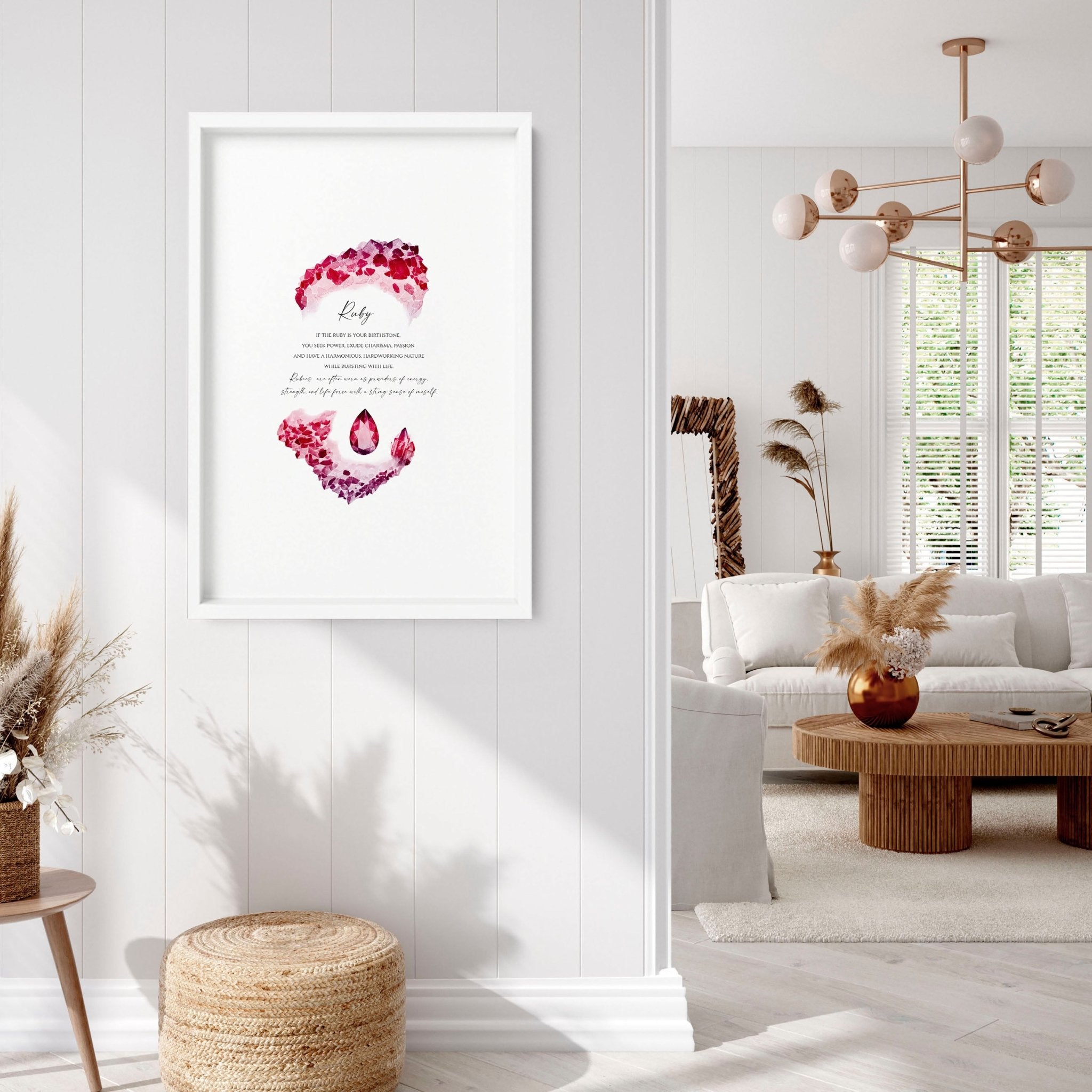 Framed wall art print featuring a vibrant ruby birthstone design, showcasing deep red hues and sparkling facets.