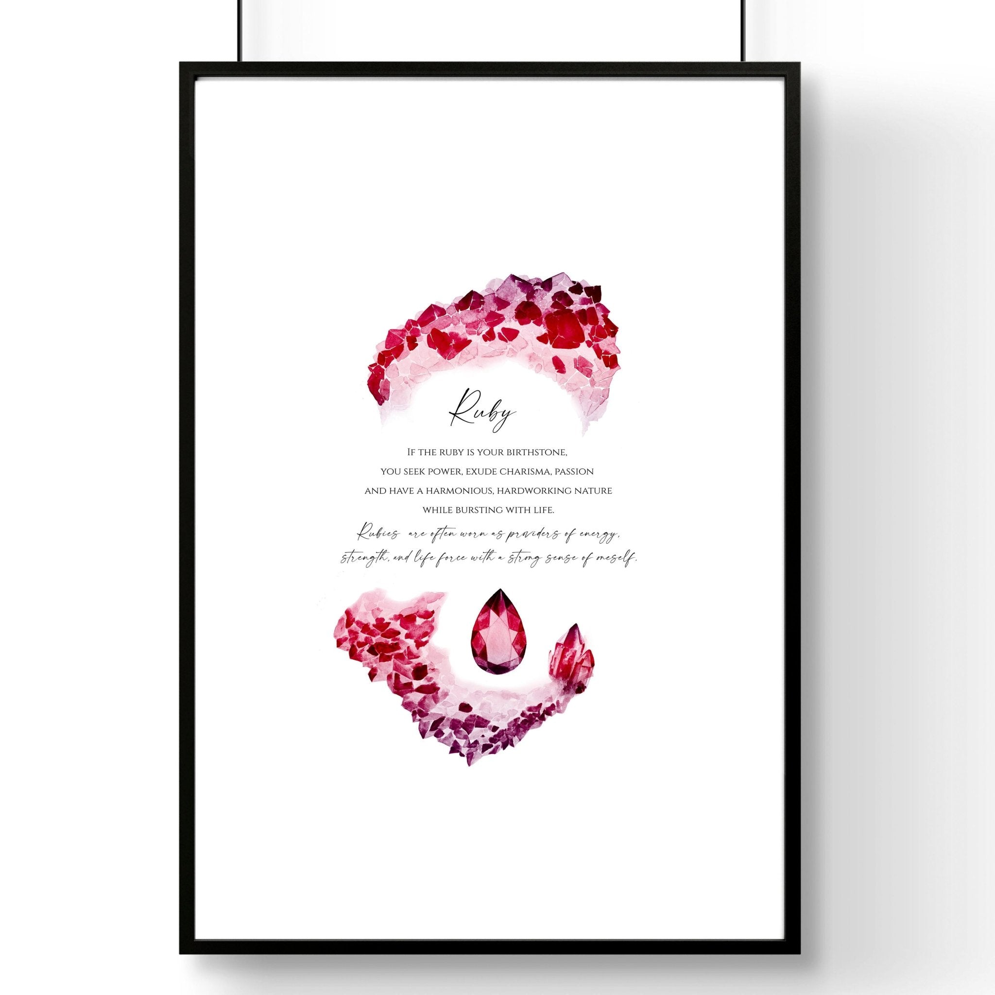 Framed wall art print featuring a vibrant ruby birthstone design, showcasing deep red hues and sparkling facets.