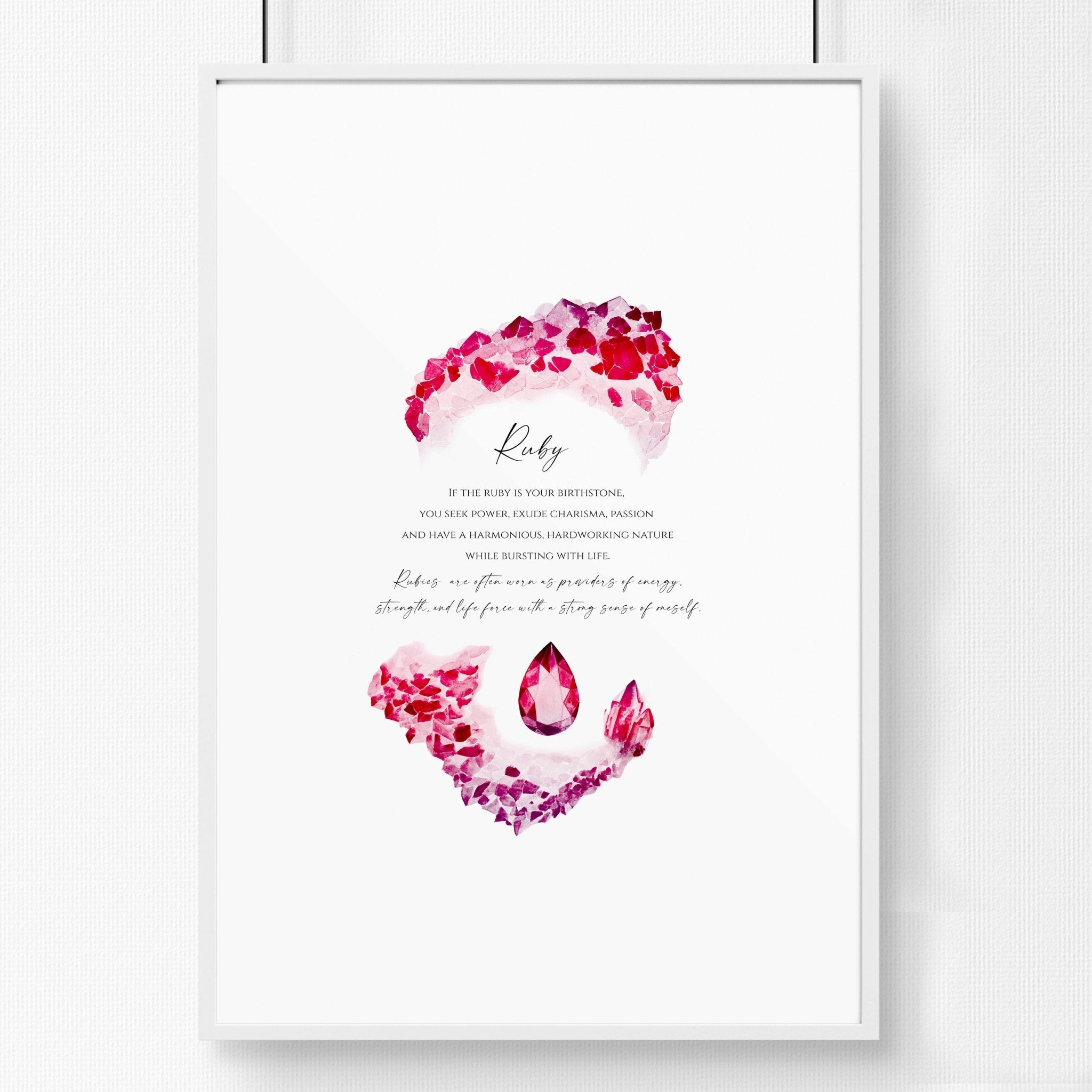 Framed wall art print featuring a vibrant ruby birthstone design, showcasing deep red hues and sparkling facets.